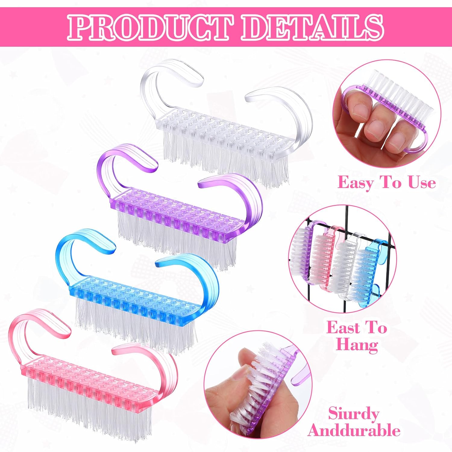 200 Pcs Handle Grip Nail Brush Bulk Nail Scrub Brush for Toes and Nails Cleaner Pedicure Scrubbing Tool Kit for Men and Women, 4 Colors