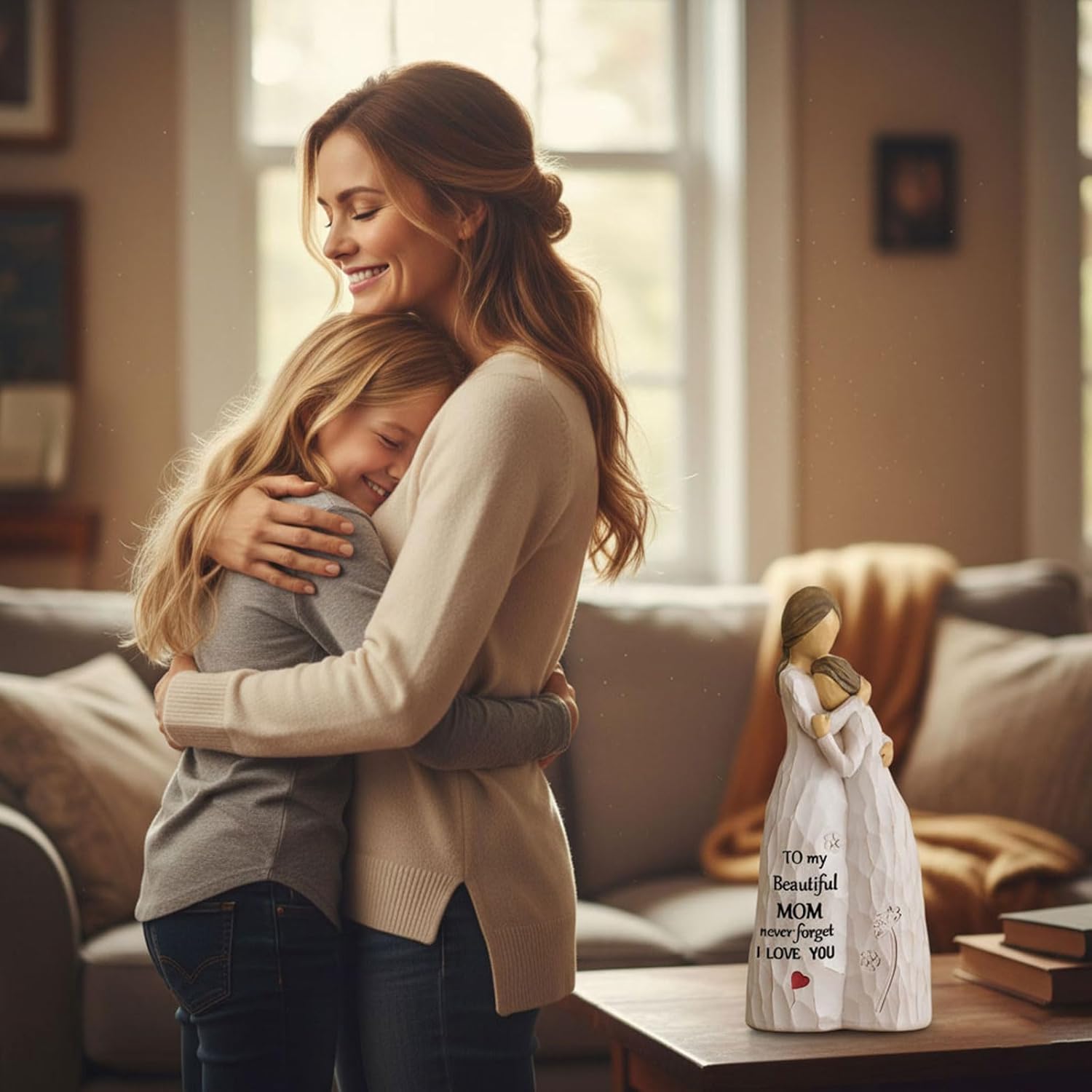 Mother Daughter Figurine Birthday Mothers Day Christmas Valentines Day Gifts for Mom from Daughter 7.8"Resin Hand Painted Sculpture Statue Home Decor Girl Mom Gifts(Keepsake Plus Bracelet for Free)