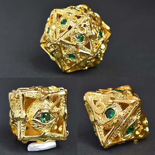 Miniatura 4 de RULE DICE Juego de dados de metal D&D, 7 piezas de ojos huecos, 70 piedras preciosas naturales, grado de coleccionista, dorado y esmeralda