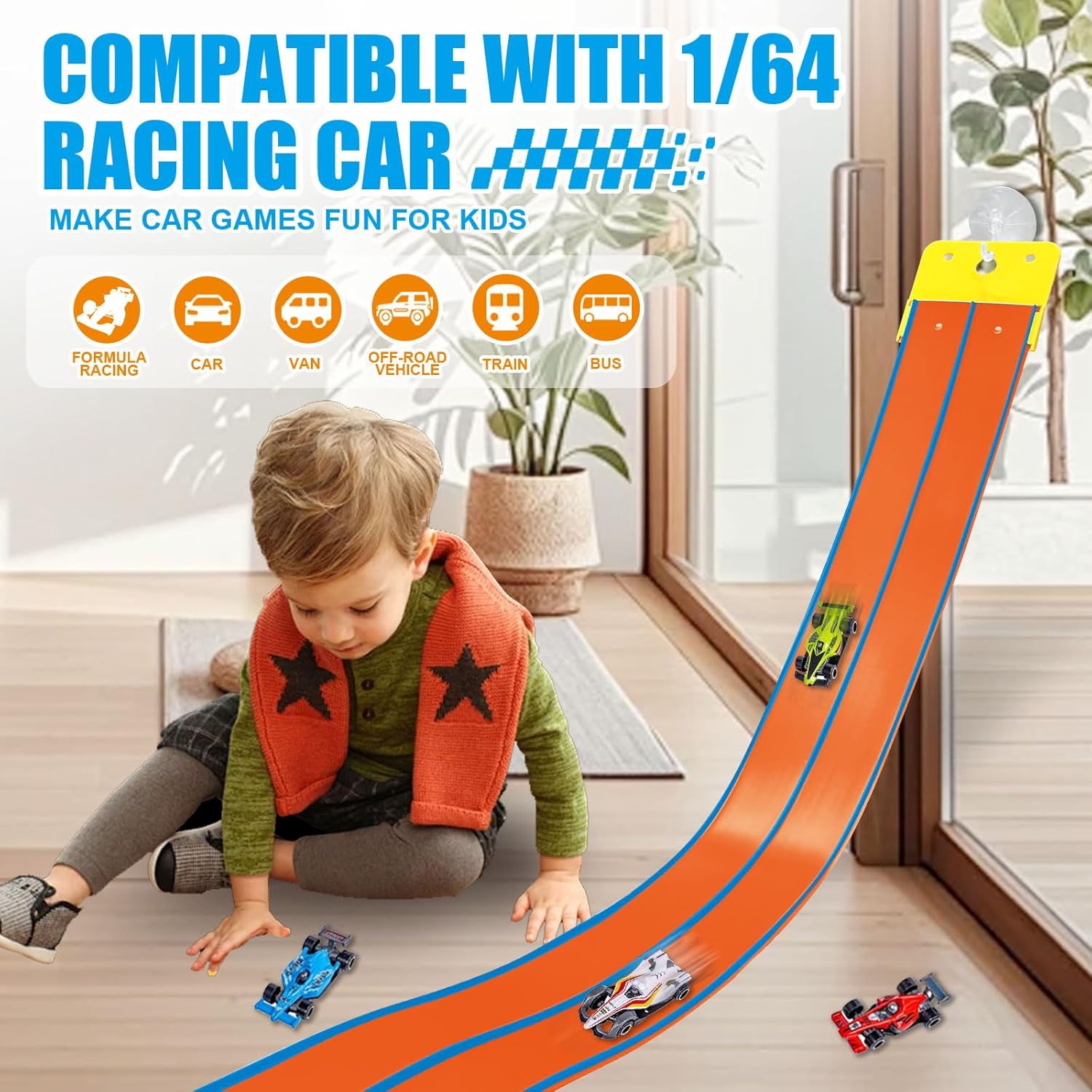Flexible Race Track Toys for Kids 15 Ft with 4 Cars & Suction Cups, Portable Double Lane Racetrack Compatible with Hot Wheels & 1/64 Diecast Cars, Fun Car Ramp Track Set for Ages 3+(Orange & Blue)