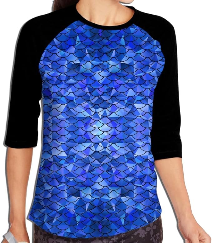 Glitter Blue Mermaid Scales Women's Printing Raglan Half Sleeve Tops Sweatshirt T