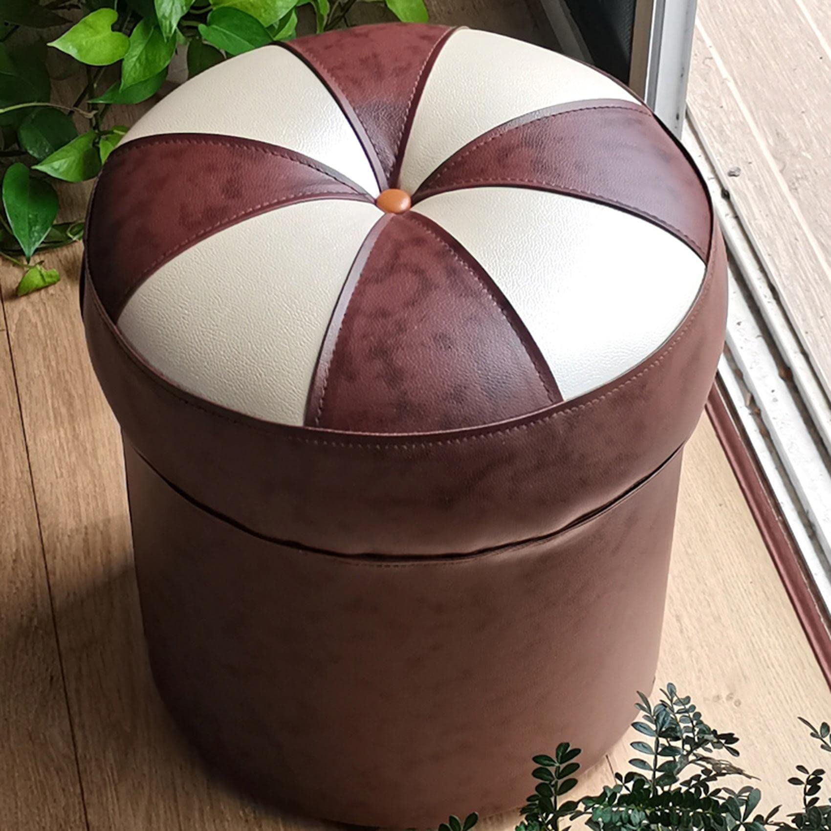 Repose-pieds rond en cuir marron 35x30cm | Pouf de vanité