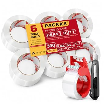Heavy Duty Clear Packing Tape with Dispenser Utility Knife - Mens Gifts | Packing Tape Refills for Storage Warehouse Packaging, Shipping Mailing Moving Boxes Supplies,6 Rolls,2.7 Mil,1.89" x 65 Yards
