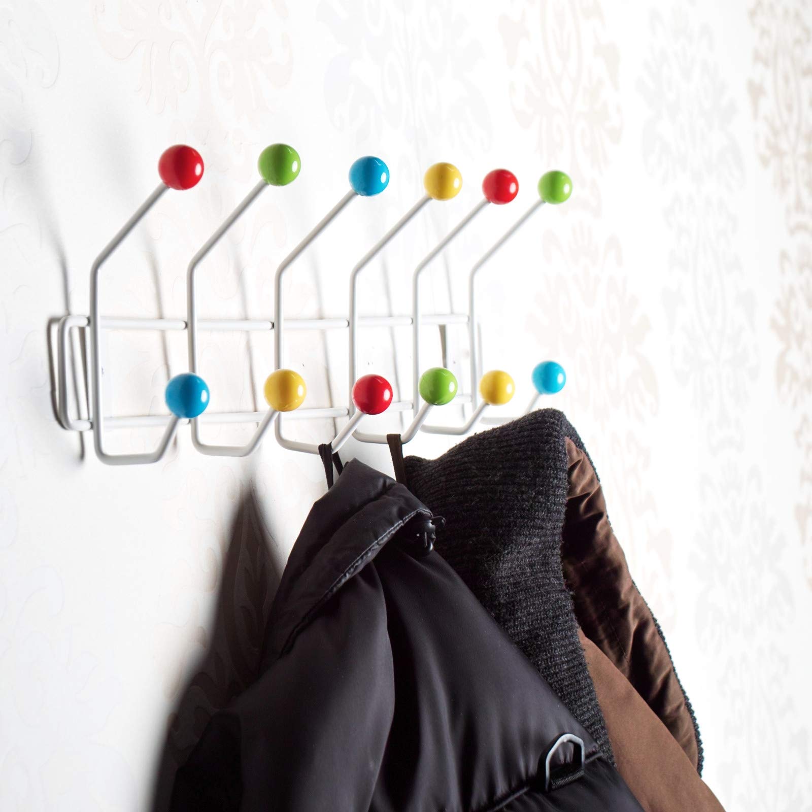 DESIGN DELIGHTS GARDEROBENLEISTE Colour Ball | 50x15,5cm(LxH), Garderobe mit 12 Haken, Hakenleiste mit bunten Kugeln, farbenfrohe Wandgarderobe bunt | Farbe: Weiss-bunt