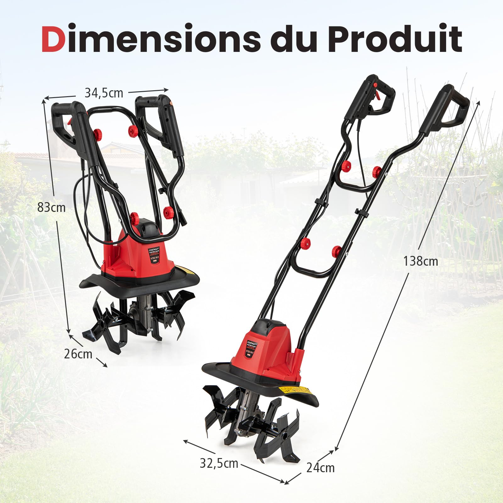 GOPLUS Motobineuse Electrique Filaire 750W, Motoculteur Manuelle à Fraise 10 A, Largeur de Travail et Profondeur de Travail 22 cm, Ameublisseur Électrique, Fraiseuse de Jardin (Rouge,Largeur 32,5)