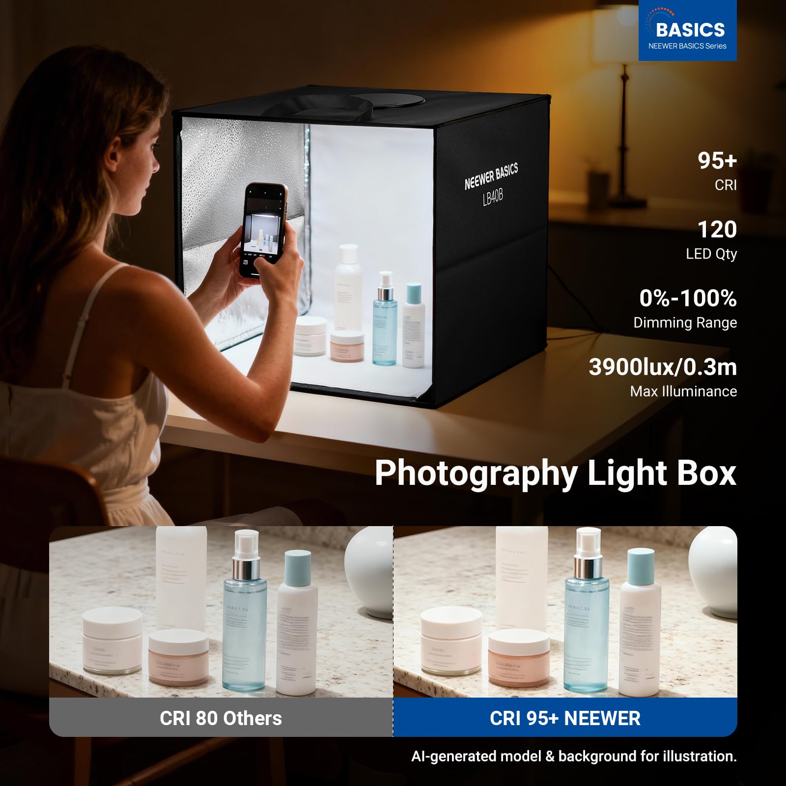 NEEWER BASICS LB40B pudełko oświetleniowe do studia fotograficznego, 40 x 40 cm, dwukolorowy, składany namiot do fotografowania z 6 kolorowymi tłami, 120 diod LED CRI95+, możliwość ściemniania, do