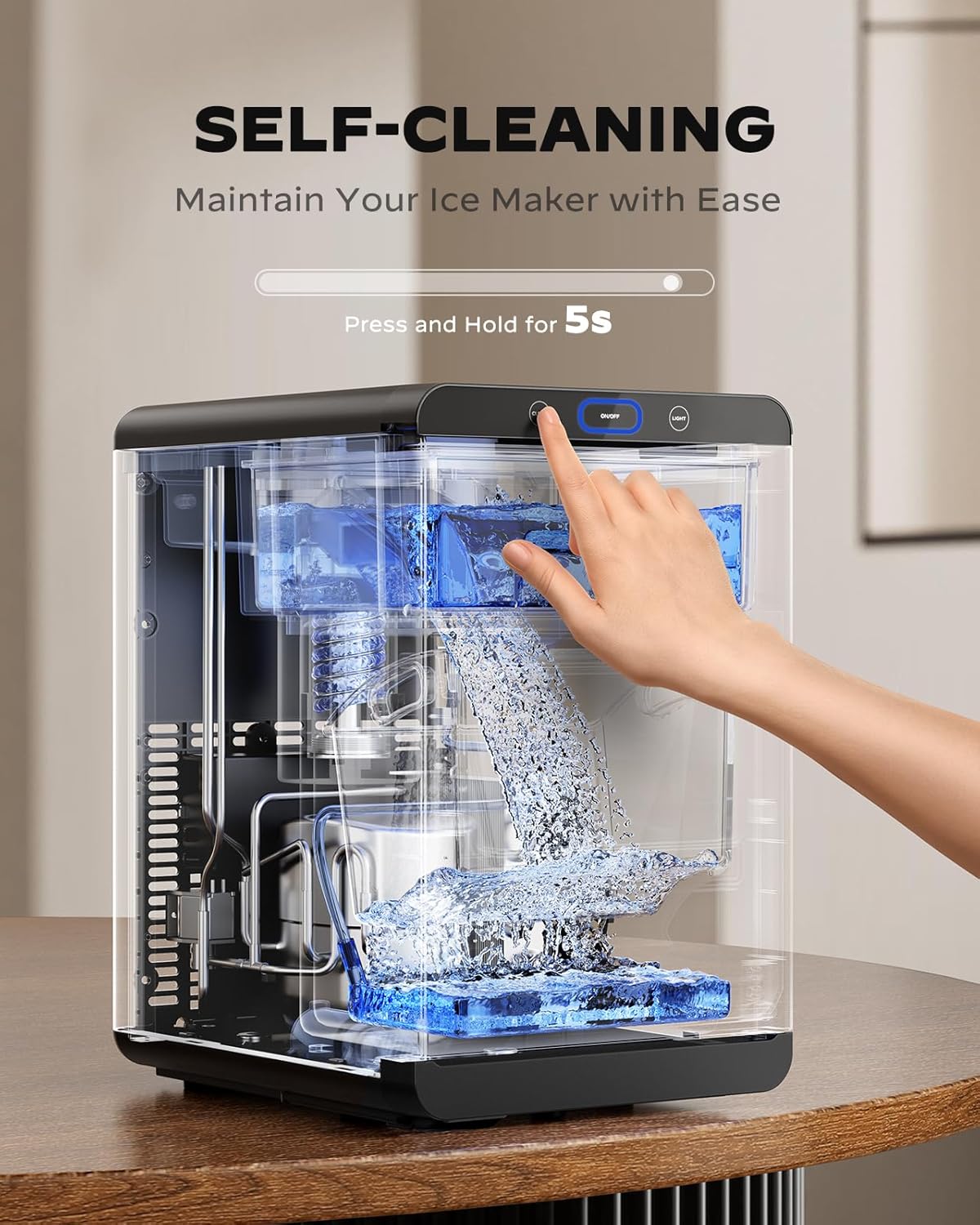 Hand pressing the self-cleaning button on the Silonn ice maker, showing water circulating inside