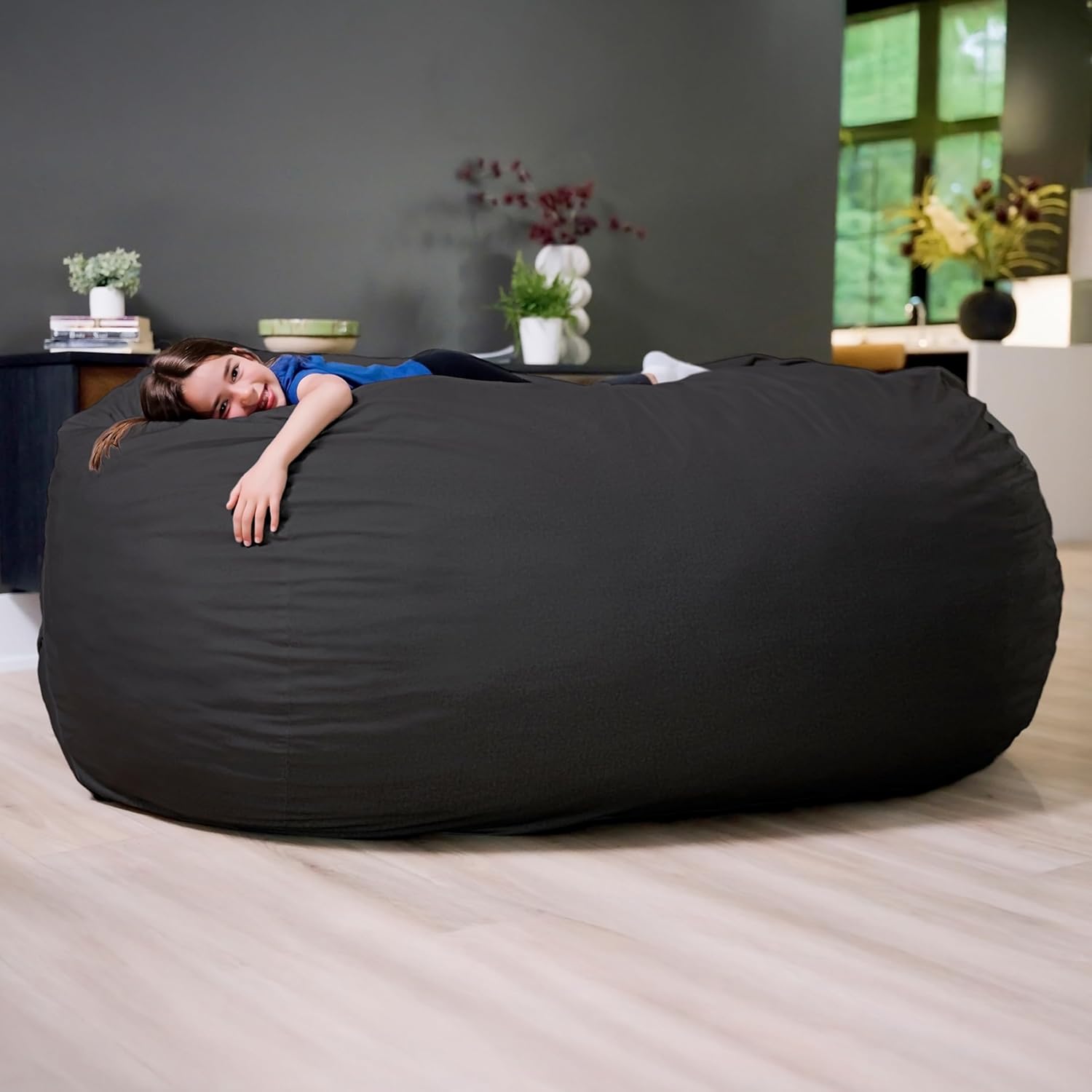 Big Joe Fuf 8Ft Giant Foam Bean Bag Chair, Oversized Couch with Removable Cover for Kids, Teens, Adults, Onyx Lenox, 8 foot