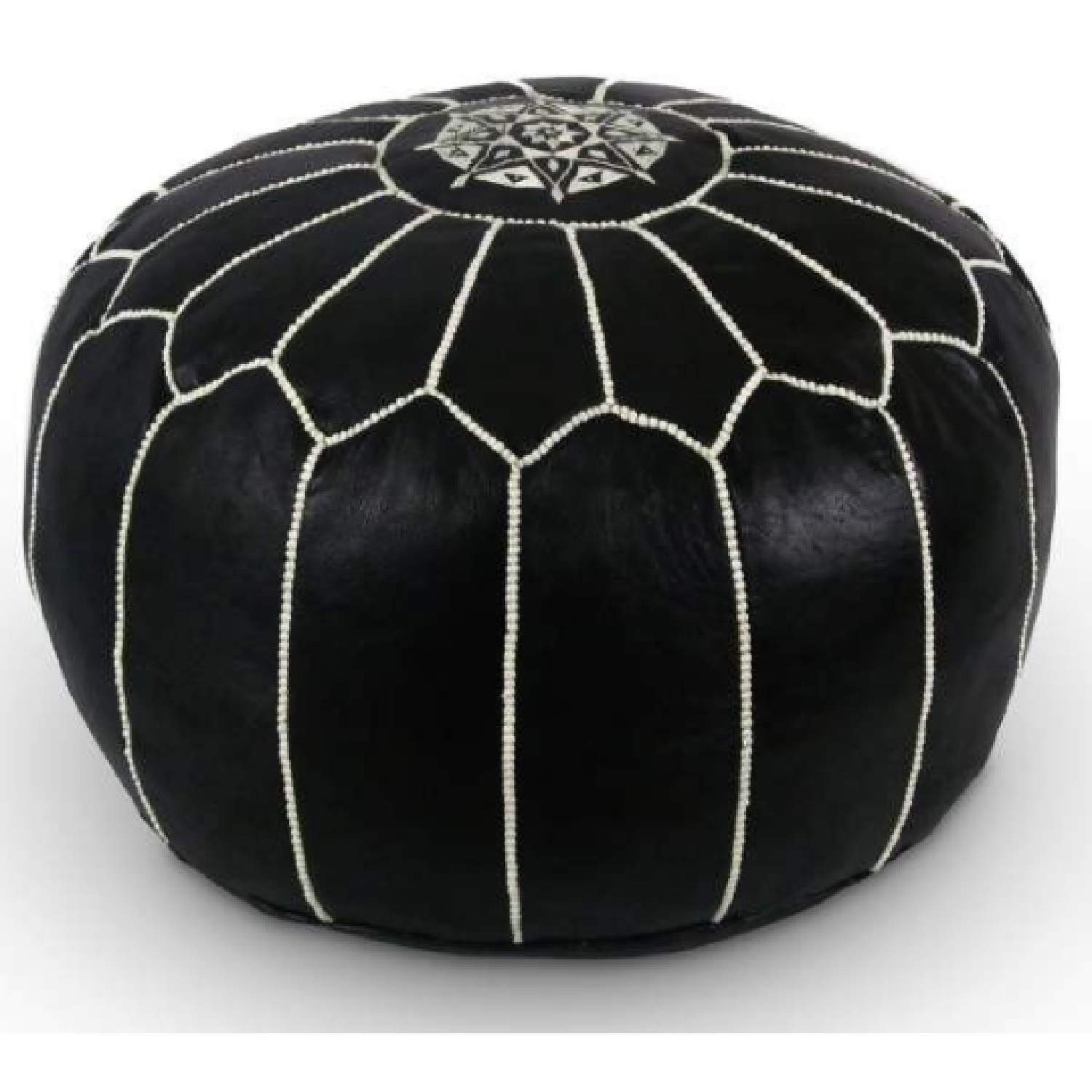 moroccan poufs Genuine Leather Pouf Ottoman Cover, footrest - Hassock Footstool with Storage for Living Room, Round pouffe poufs Poof, Poofy Ottoman - Boho Moroccan Decor for Home - Unstuffed (Black)