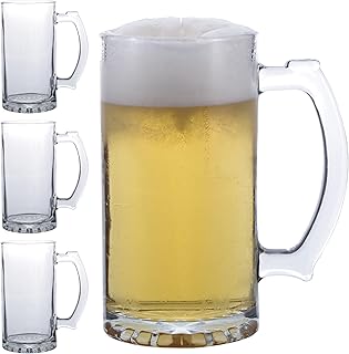 Chefcaptain Beer Glasses Set Of 4, 26 Oz Lead-Free Thick Glass Mugs With Handles, Cylindrical Beer Steins