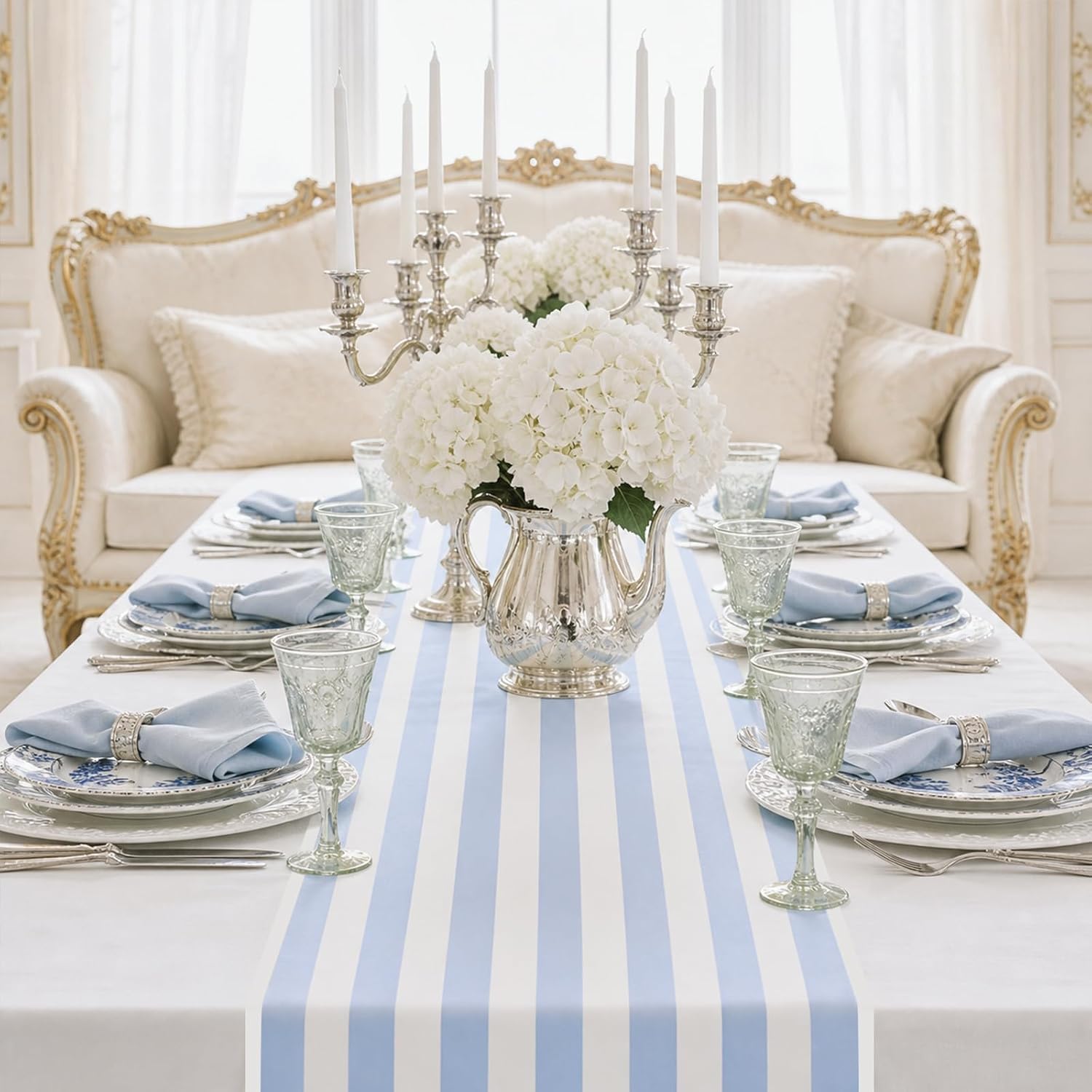 Striped Paper Table Runner Roll ,25' Long x 16" Wide Disposable Striped Table Runner for Birthday Wedding Carnival Christmas Party Kitchen Dining Tabletop Decoration (Blue)