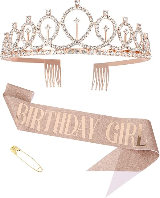 Firtink Birthday Queen Sash & Rhinestone Tiara Kit, 2 Pcs Birthday Girl Sash Rhinestone Crystal Crown Tiara Kit for Girl Women Birthday Party Supplies