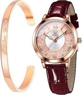 Women’s Quartz Watches, Womens Watch Elegant Rose Gold Round Fashion Gift Set with Luxury Bracelet Stainless Steel Leather Strap Watch for Lady
