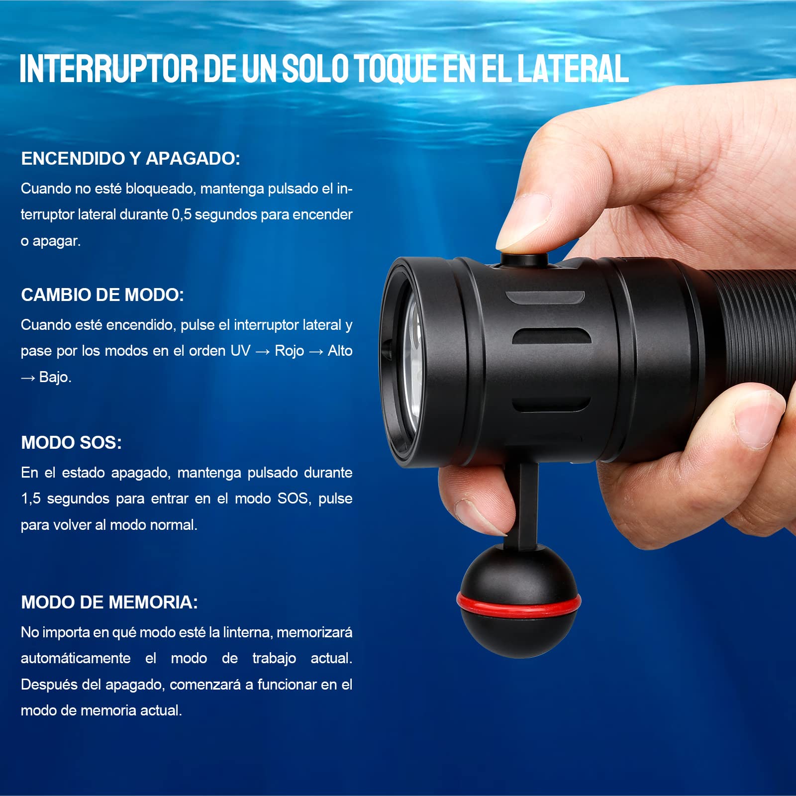 TrustFire Linterna Buceo, DF35 Foco Buceo Recargable 2350 Lúmenes, Linterna Sumergible Profesional 70M Impermeable, 3 Diferentes de Iluminación（Luz de Blanca, UV, Roja) para cámara, fotografía