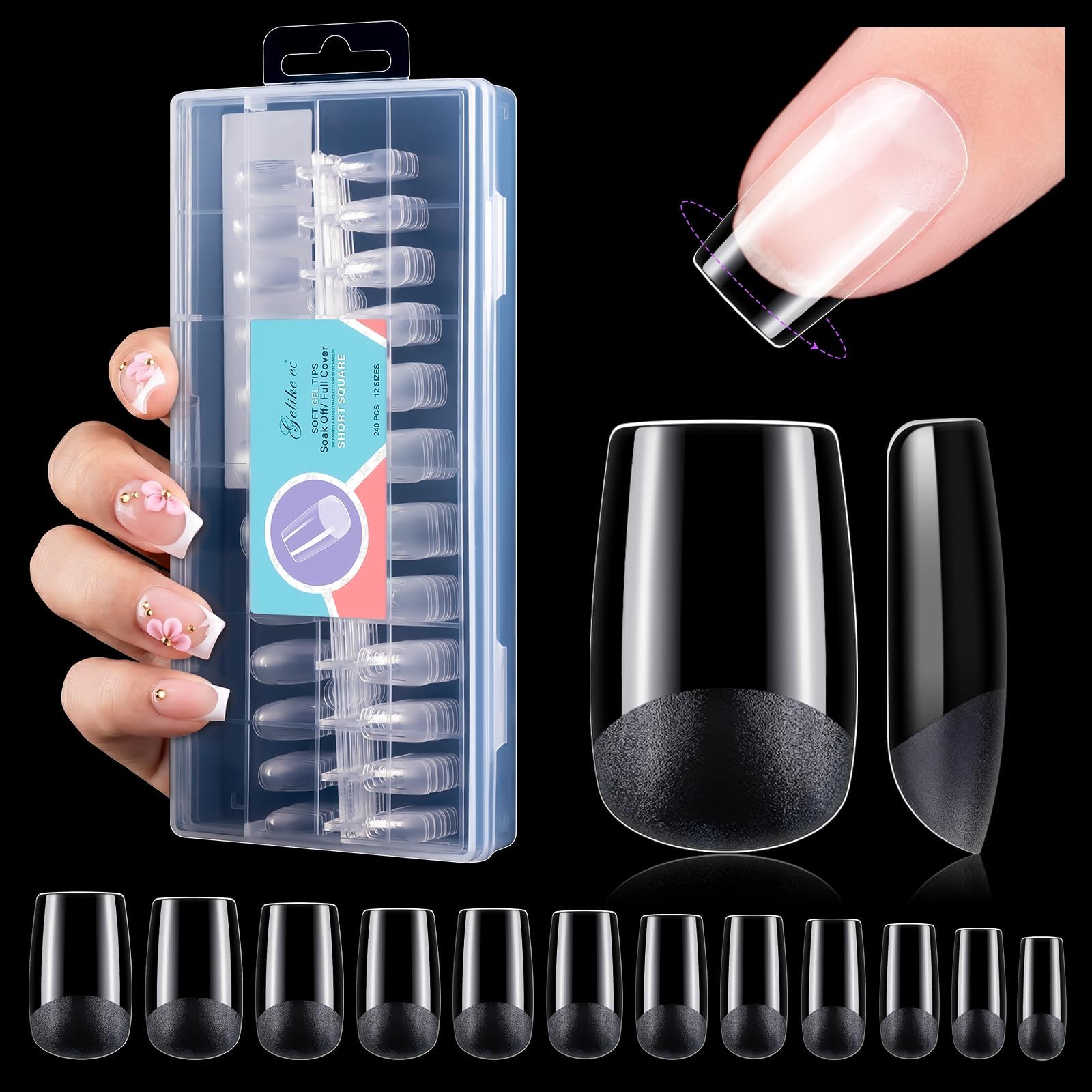 Short Square Nail Tips: Soft Gel False Nail Tips Full Cover for Nail Extensions - Acrylic Nails Professional Clear Gelly Tips False Press on Preshaped PMMA,12 Sizes, SHORT SQUARE 240PCS