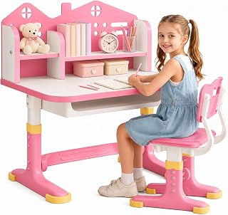 Kids Desk and Chair Set Ages 3-12, Height Adjustable Study Table, Pink