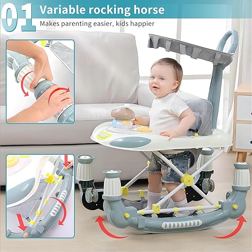 Miniatura 2 de Andador de bebé, 4 en 1 con ruedas, caballo mecedor variable, altura ajustable (8-17 pulgadas), con juguetes ligeros y musicalesalmohadillas para