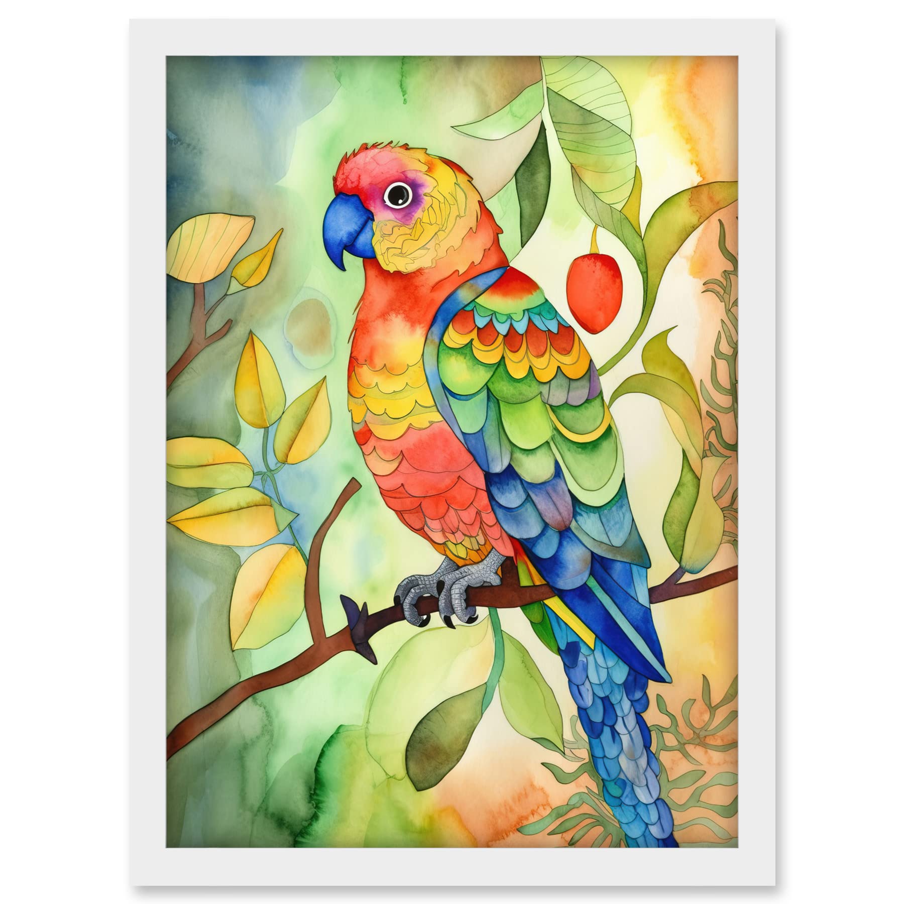 Artery8 Parrot Bird On Tree Branch Folk Art Watercolour Painting Artwork Framed A3 Wall Art Print