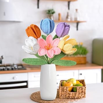 Pack of 6 Crochet Flowers Artificial Tulips Bouquet Crochet Flowers