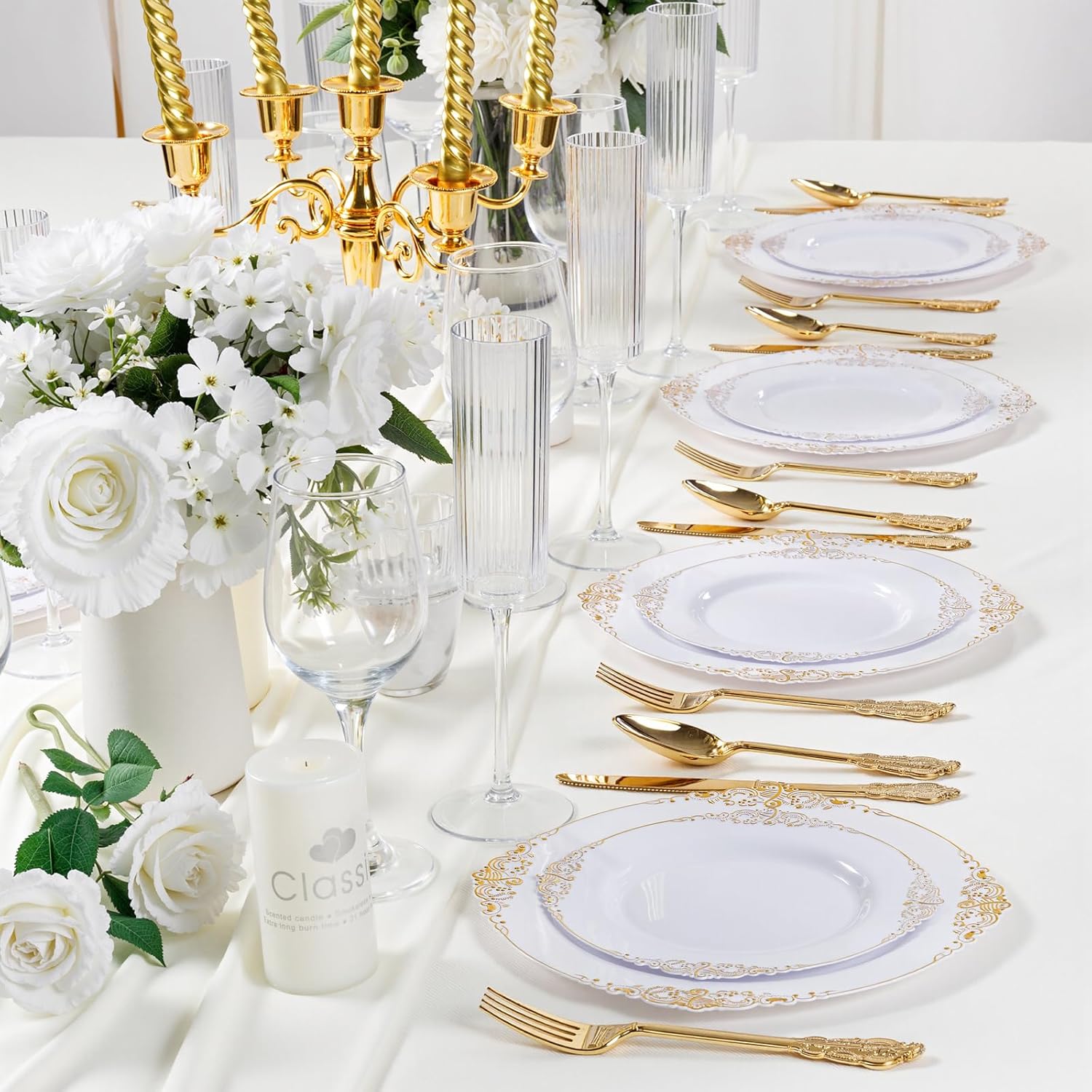 125PCS White and Gold Plastic Plates - Gold Disposable Plates with Plastic Silverware - Vintage Disposable Dinnerware Set for 25 Guests for Parties Holiday