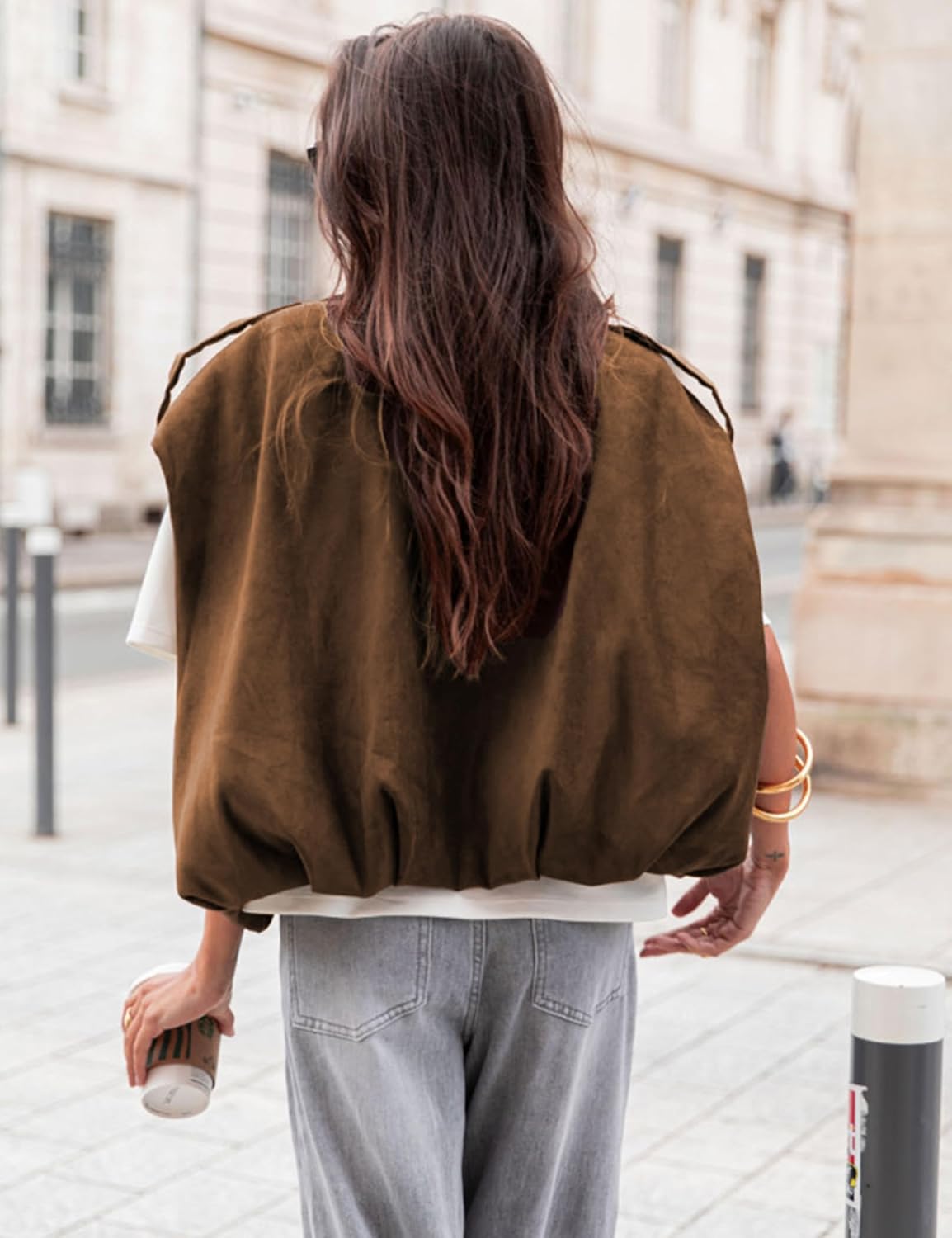 Zontroldy Womens Faux Suede Vest Cropped Bomber Jacket Casual Sleeveless Streetwear Top Vests Trendy - Image 6