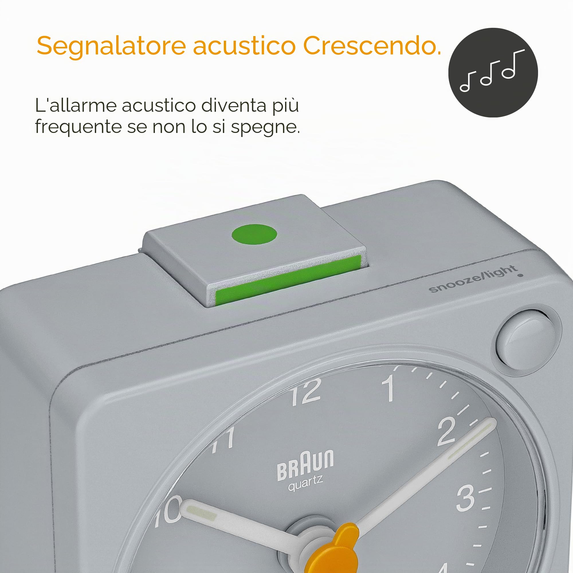 Braun Sveglia analogica Classic da viaggio con snooze e luce, dimensioni compatte, movimento al quarzo silenzioso, allarme sonoro in crescendo, grigio, modello BC02XG.