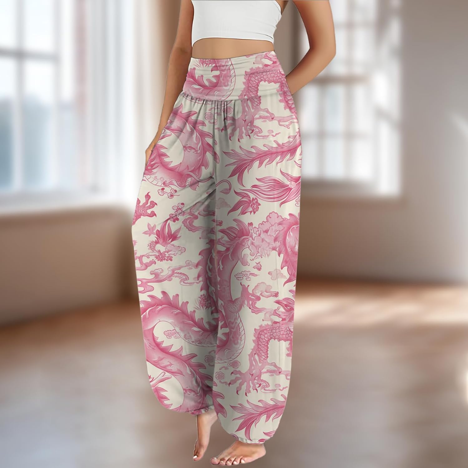 Floral Print Womens Lantern Pants High Waist Wide Leg Flowy Casual Lounge Yoga Trousers with Pockets