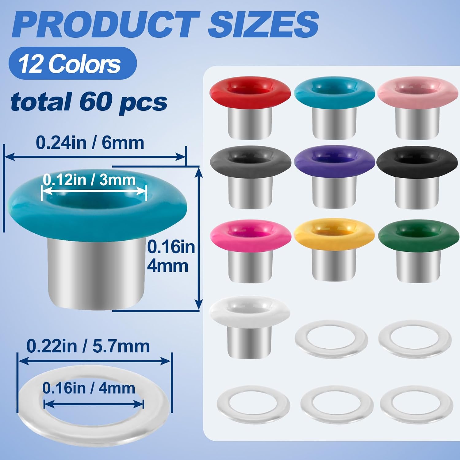SmallCat 60 Sets 3mm Small Metal Eyelets Grommets Kit, Mixed Colors Eyelets with Washers, Round Garment Eyelets for DIY Crafts, Leather Belts, Sewing - 12 Colorss