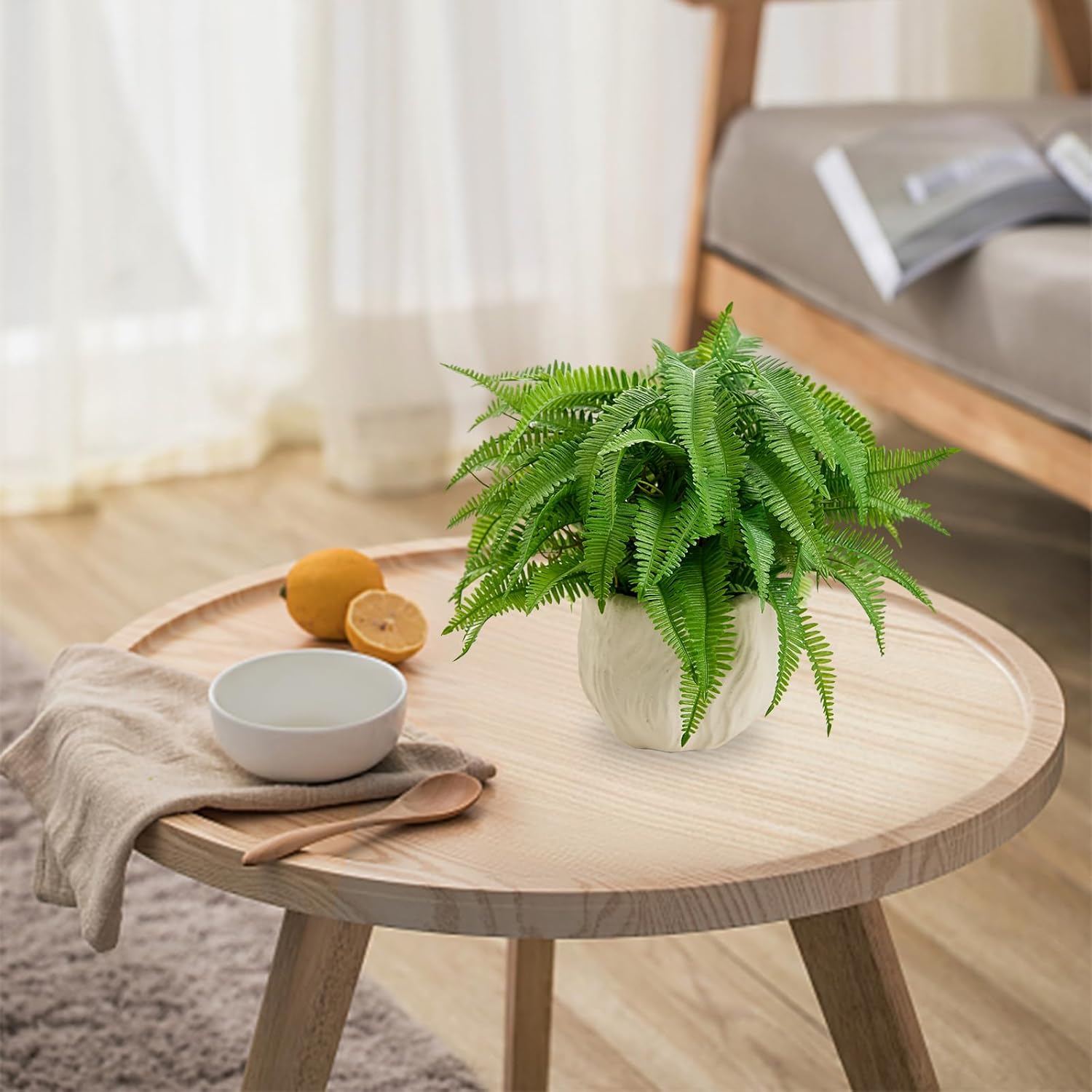 Small Fake Plant 9'' Boston Ferns Potted Artificial Plants in White Boho Embossed Planter Lifelike Faux Plants Greenery Suitable for Home Bedroom Bathroom Office Indoor Outdoor Decor - Image 5