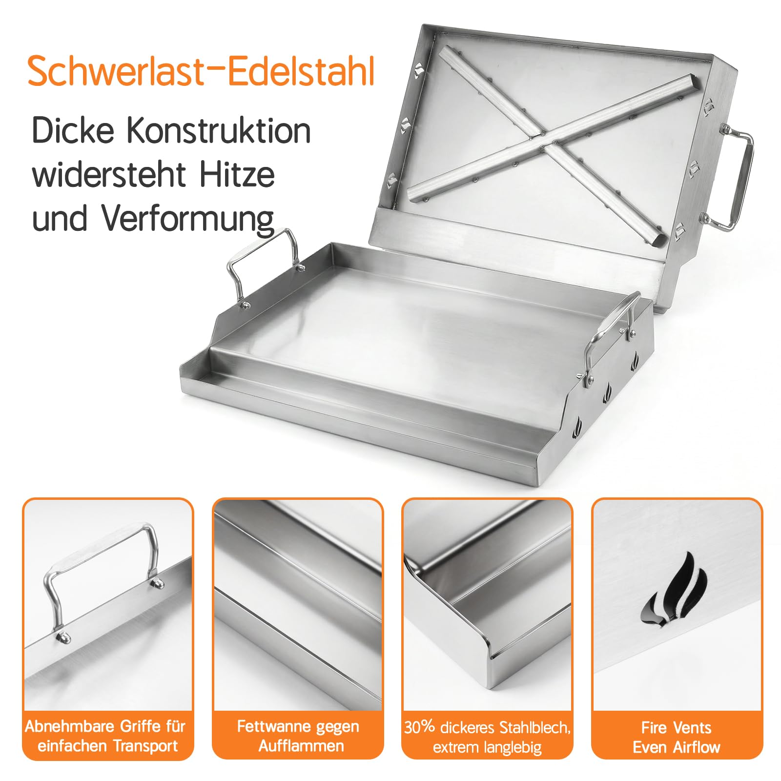 Griglia universale in acciaio inox per barbecue a gas Weber e carbone, piastre per barbecue a gas per hamburger, barbecue a gas e altro ancora, rettangolare, 46 x 32 cm, con manico rimovibile