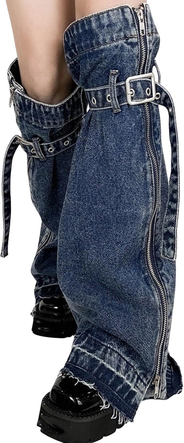 Women Punk Washed Leg Warmers Flared with Buckled Ties Side Zippers Baggy Grunge Long Socks