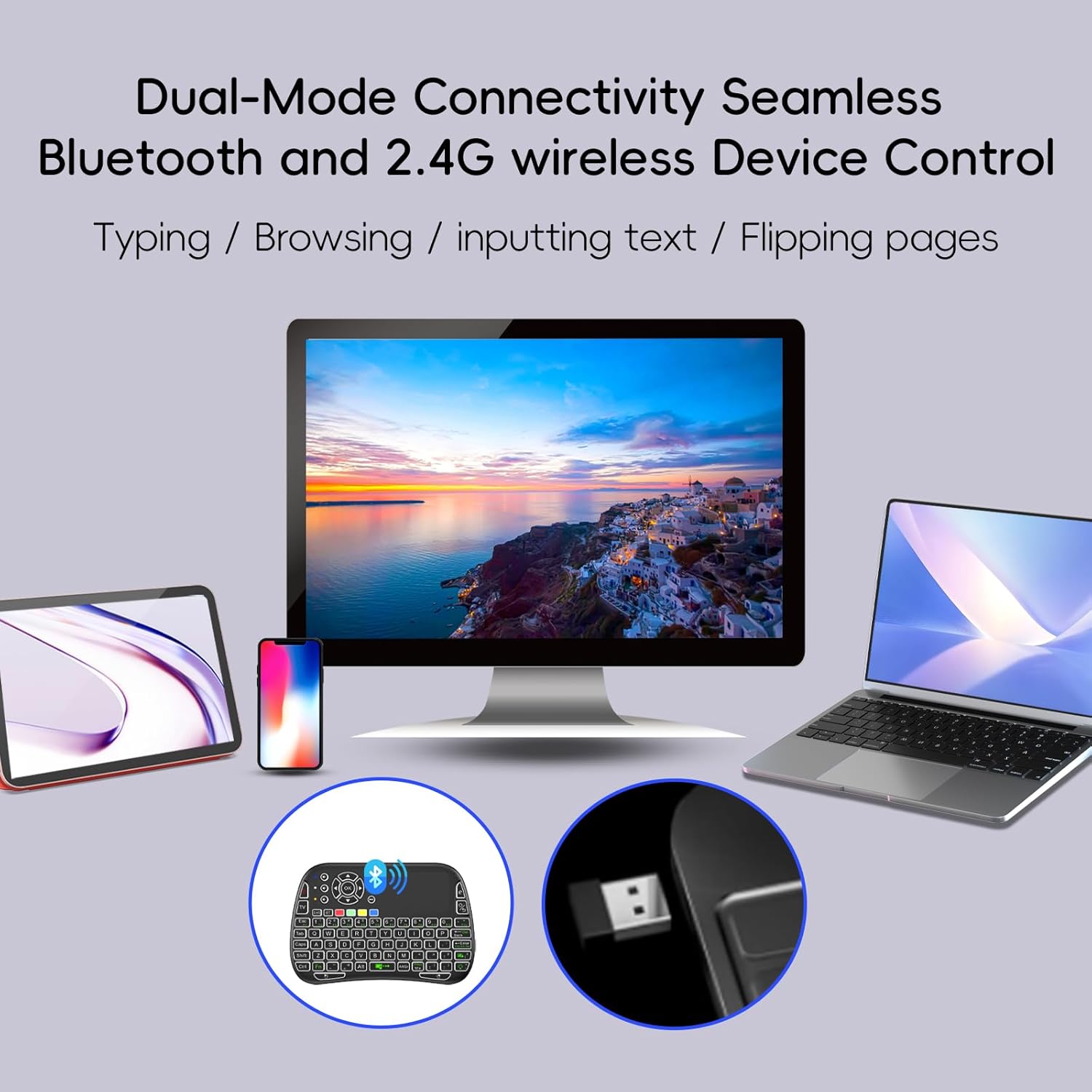 iPazzPort Mini Wireless Keyboard with Touchpad, Backlit 2.4G Bluetooth Dual Mode Keyboard Touchpad Combo for Smart TV Android TV Box PC Tablet iPad, Rechargeable Keys QWERTY with 7 RGB Colors Type-C