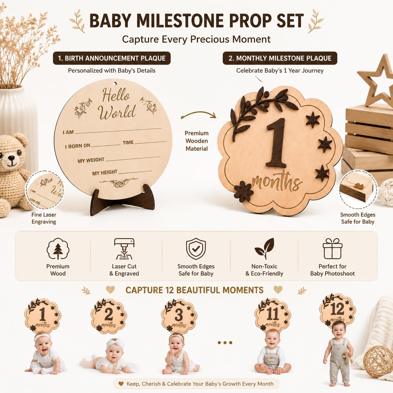 The Laser Art Wooden Baby Milestone Photo Props, 1-12 Months & Birth Plaque — Amazon image 4