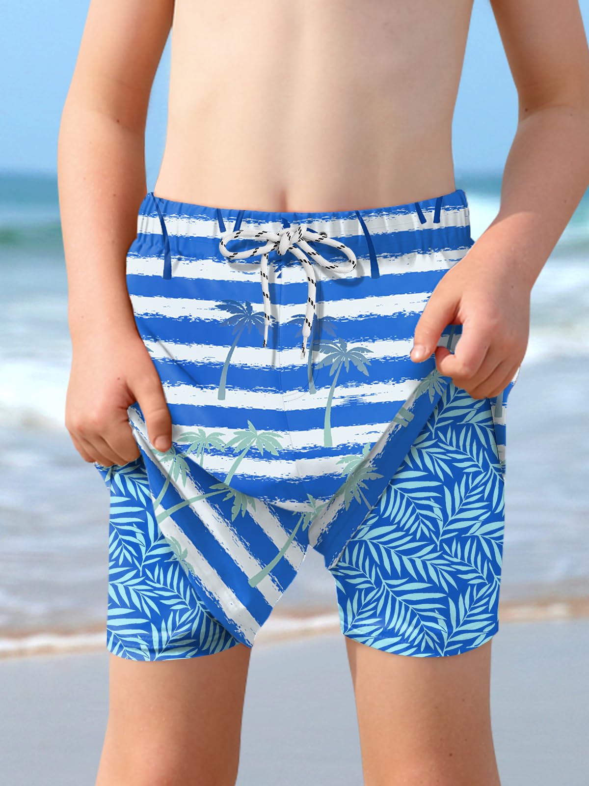 BesserBay Little Boys Summer Blue Coconut Tree Stripes Adjustable Drawstring Stretch Swim Trunks Beach Athletic Compression Liner Boardshorts 6 Years