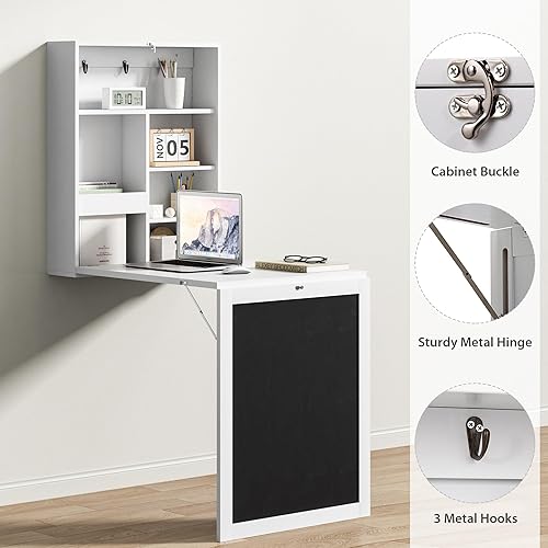 Miniatura 4 de JAXPETY Escritorio plegable montado en la pared con estantes de almacenamiento, escritorio flotante convertible, mesa de montaje en pared que ahorra