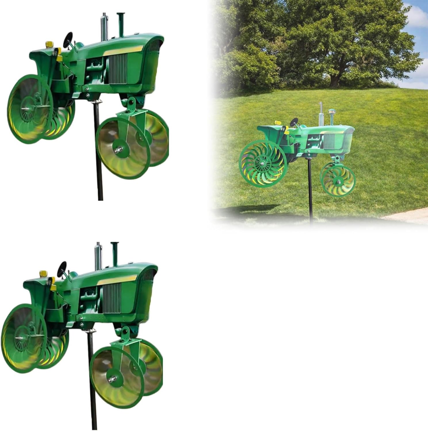 Garden Wind Spinner, Tractor Windmill Stake with Rotating Design, Green Metal Outdoor Yard Art Decor, for Patio Backyard Decoration. (2)