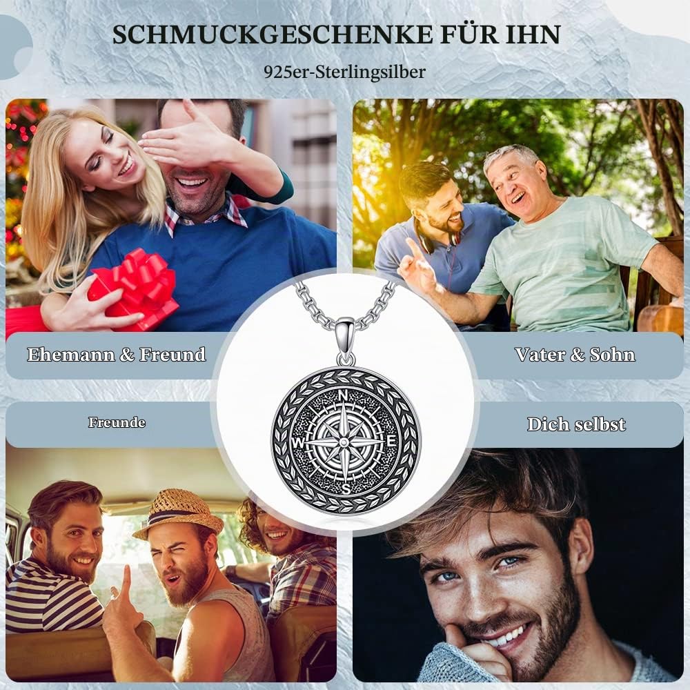 Kompass Kette 925 Sterling Silber Anhänger Halskette Oxidierter Schwarz Schmuck Geschenk für Herren Männer Jungen