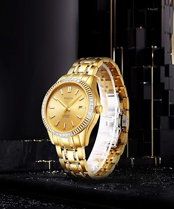 BINLUN Men's Automatic Gold Watches 18K Gold Plated Diamond Mechanical Watch Waterproof Stainless Steel Skeleton Wrist Watch for Men