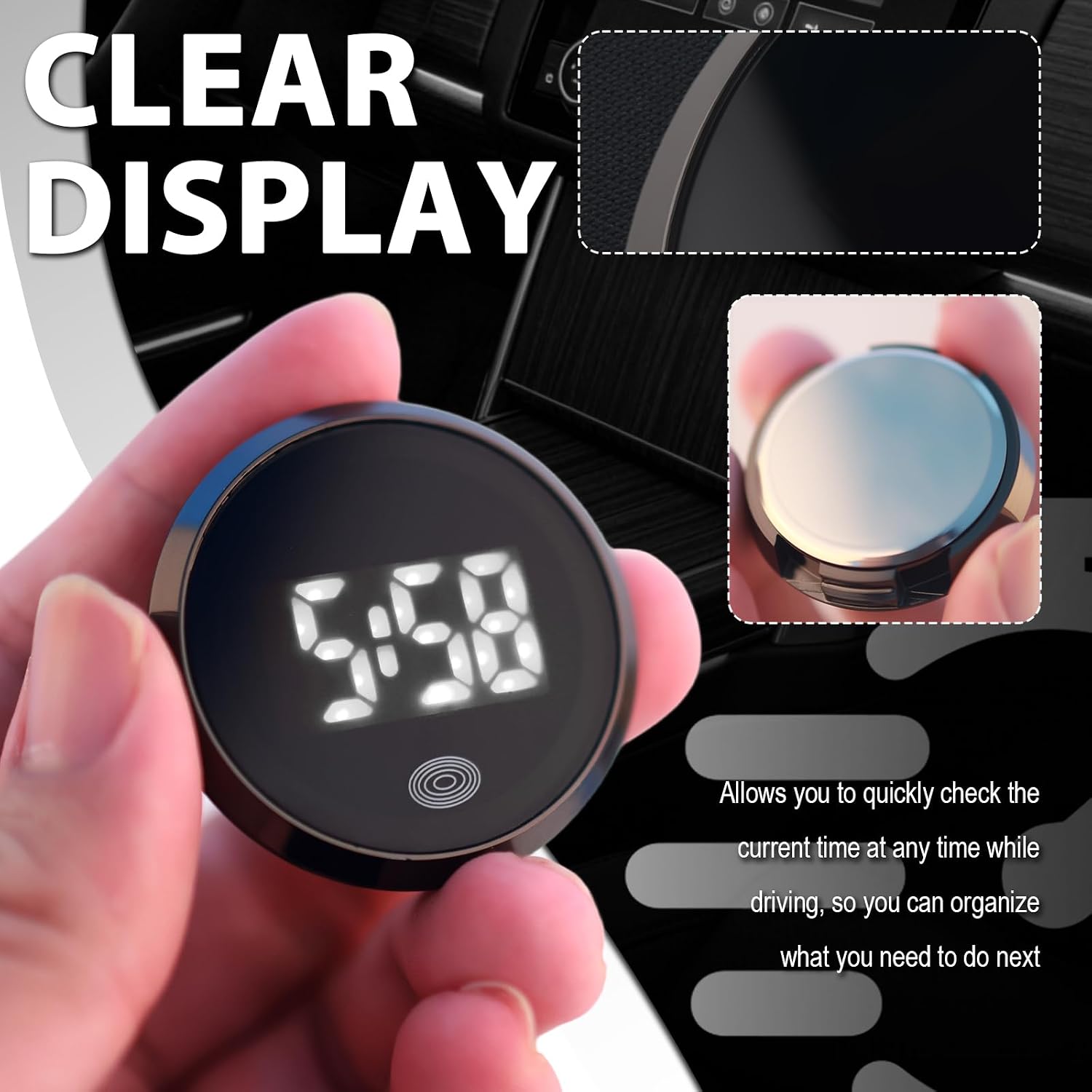 Touch Control Car Clocks for Dash Stick On,Luminous LED Mini Digital Clock Clearly Displays Time,Round HD Clock for Car Dashboard with Adhesive Backing Cars Interior Accessories
