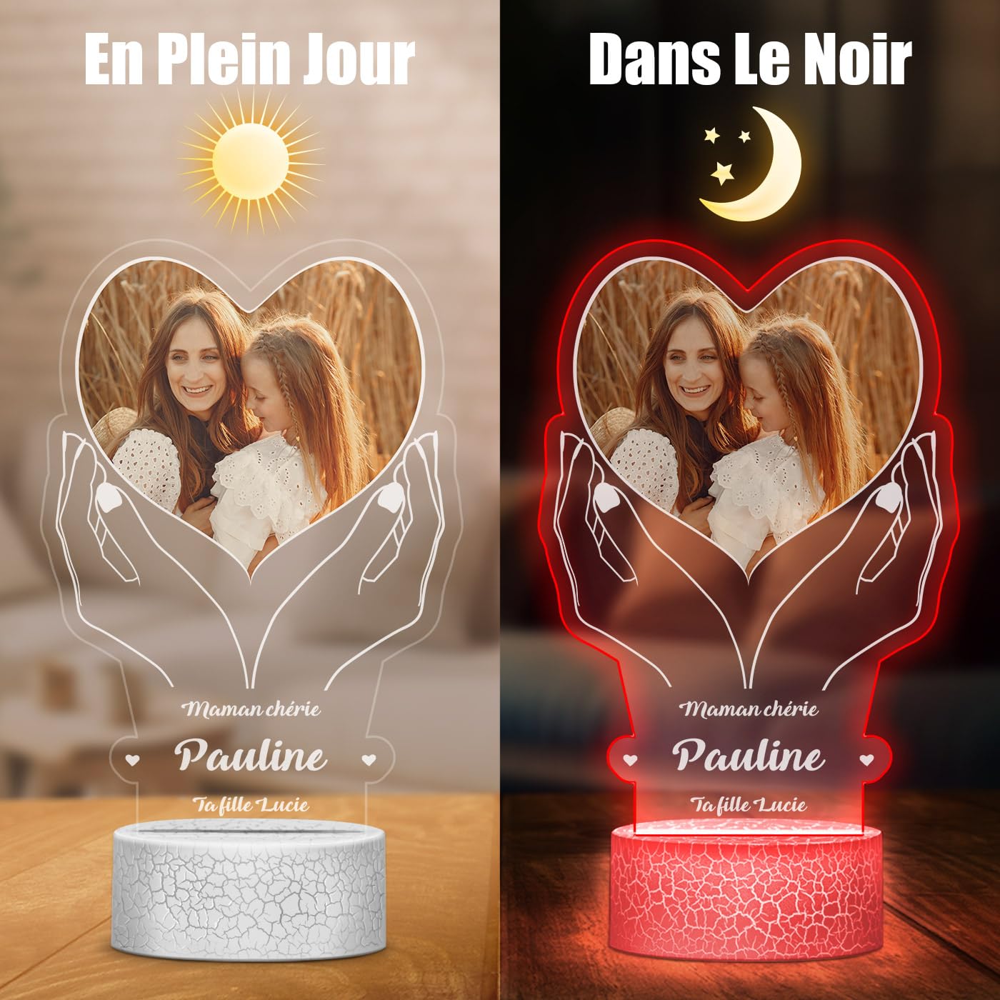 Maverton Lampe LED Personnalisée Pour Maman - Lampe Photo Personnalisé - Cadeau Personnalisé Fete des Meres - Cadeau Maman Anniversaire - Plaque Acrylique 22x15cm avec Socle Lumineux - coeur