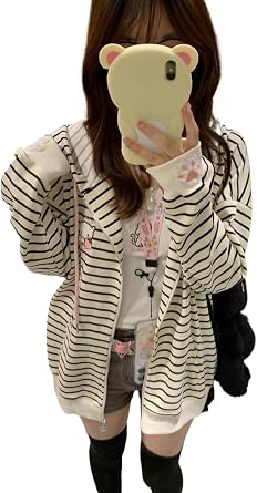 Pokn Y2K Jojifuku Cutecore Kawaii Zip Up Hoodie Fall Jacket Cute Stripes Hoodies Outerwear Jackets Coats Winter Women