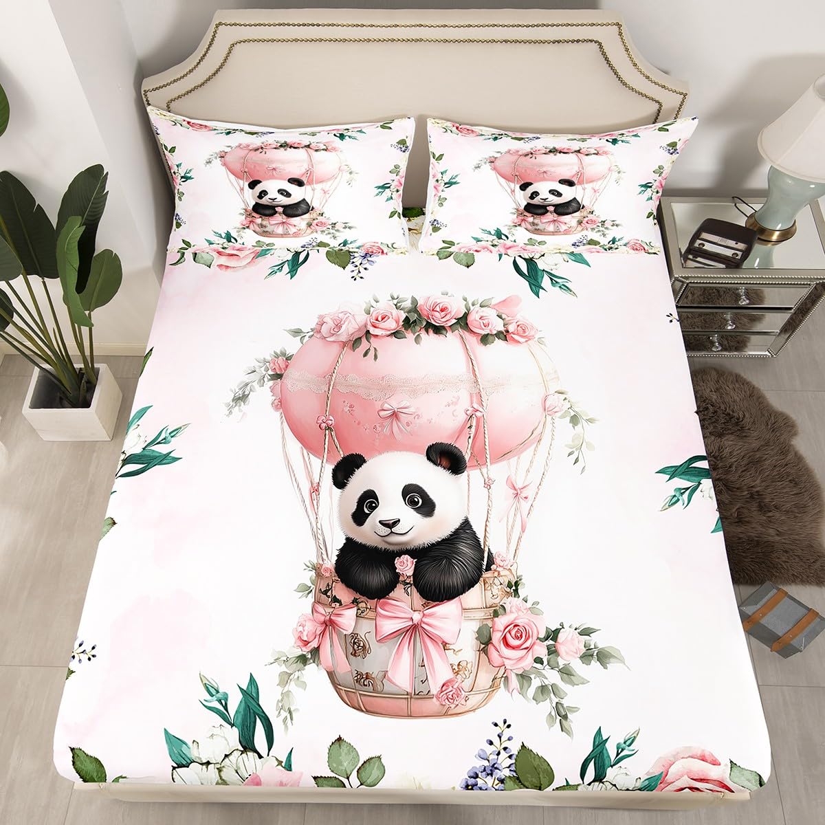 Drap-housse motif panda montgolfière et fleurs roses lit 1 place