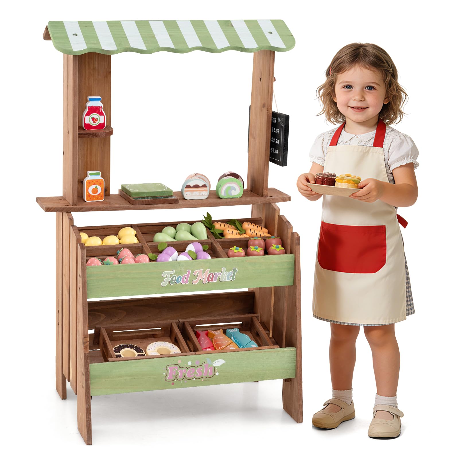 COSTWAY Bancarella in Legno per Bambini, Banco Mercato Giocattolo | con 6 Vani e 2 Cestini Estraibili, con Tetto, Lavagna, Bilancia e Accessori, per Bambini 3+ Anni, 50 x 33 x 91 cm