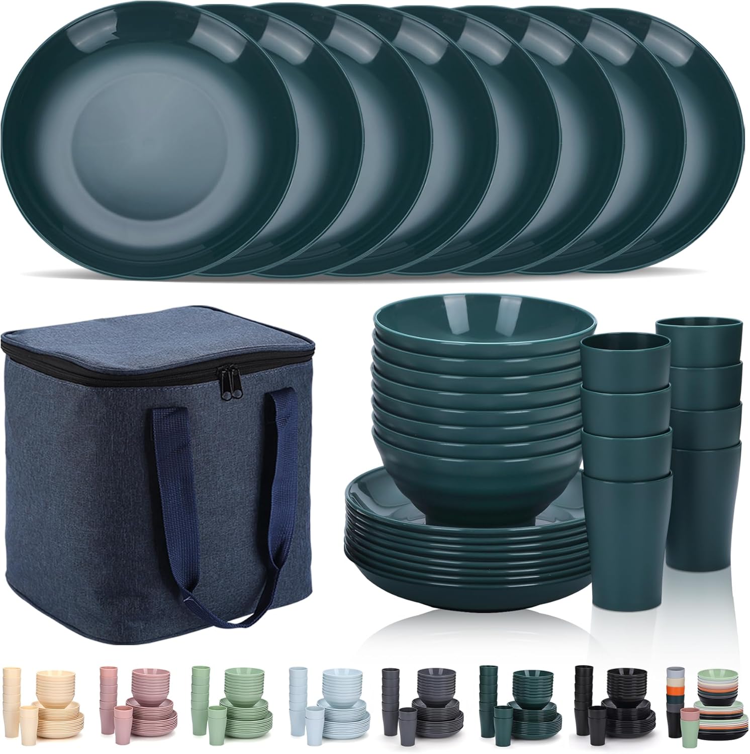 Evanda Plastic Dinnerware Sets 32 Piece Service for 8 with a Portable Oragnizer, Reusable Plates