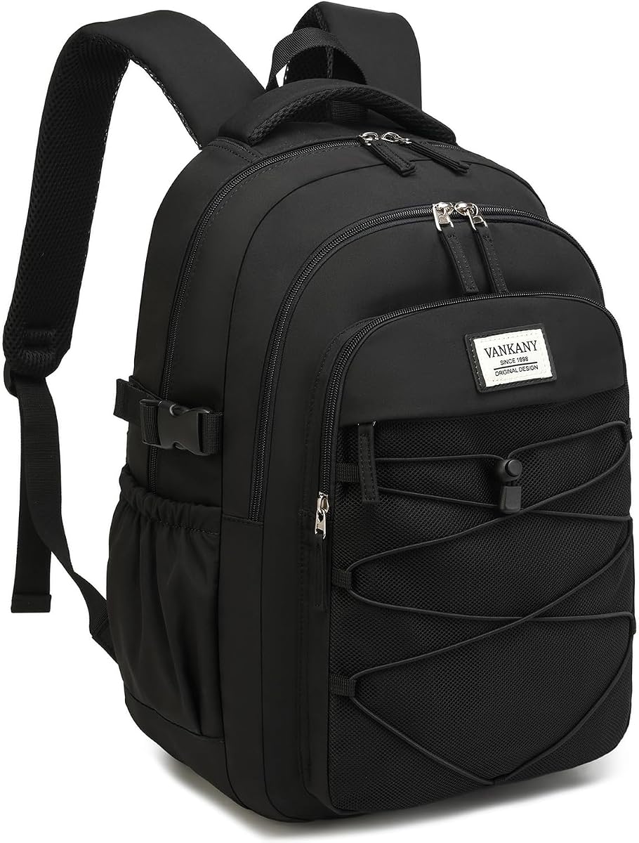 Black Backpack for Teens, Girls School Bookbag Aesthetic 15.6in Laptop Backpack for Commuter Women Students Middle High School, Black