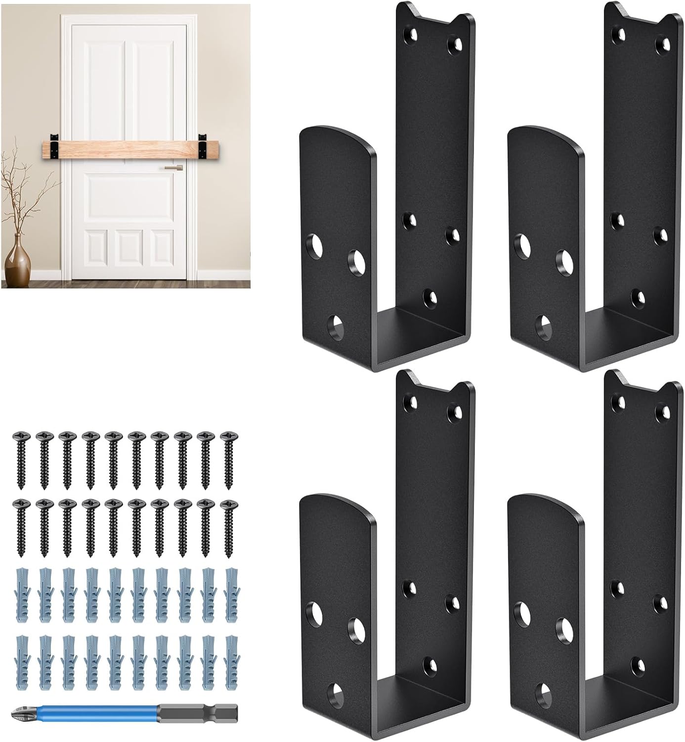 Insaga 2x4 Door Barricade Brackets, Heavy Duty Security Bar Brackets for Reinforced Door Protection, 4mm Thick U Bracket, Fits 2x4 Lumber for Apartments, Deck, Fence, Barn, Garage and More, 4Pack