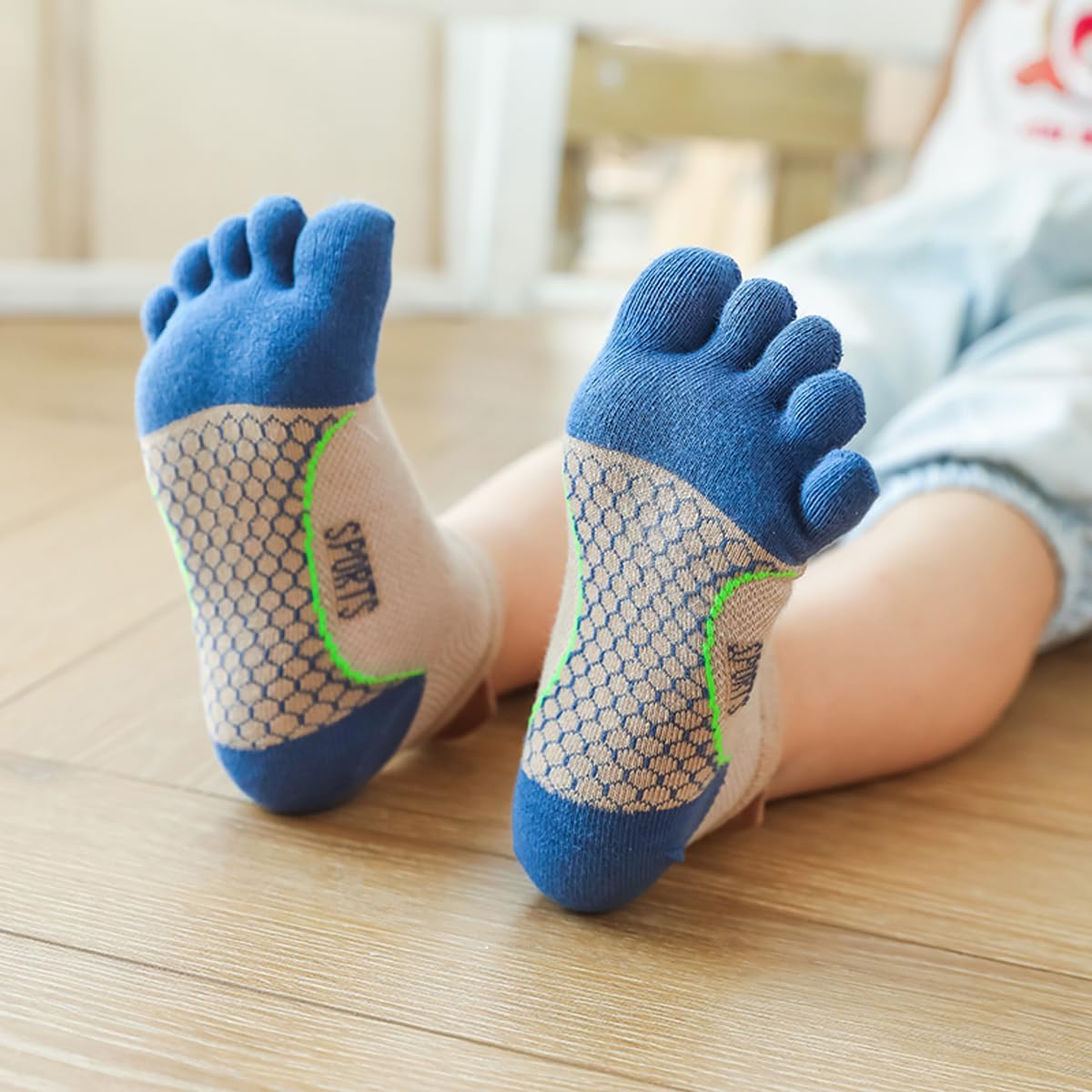 Pursuestar 2 Pairs Cotton Five Finger Toe Socks SPORTS Running Breathable Mesh Seperated Socks for Kids Girls Boys 3-12 Year