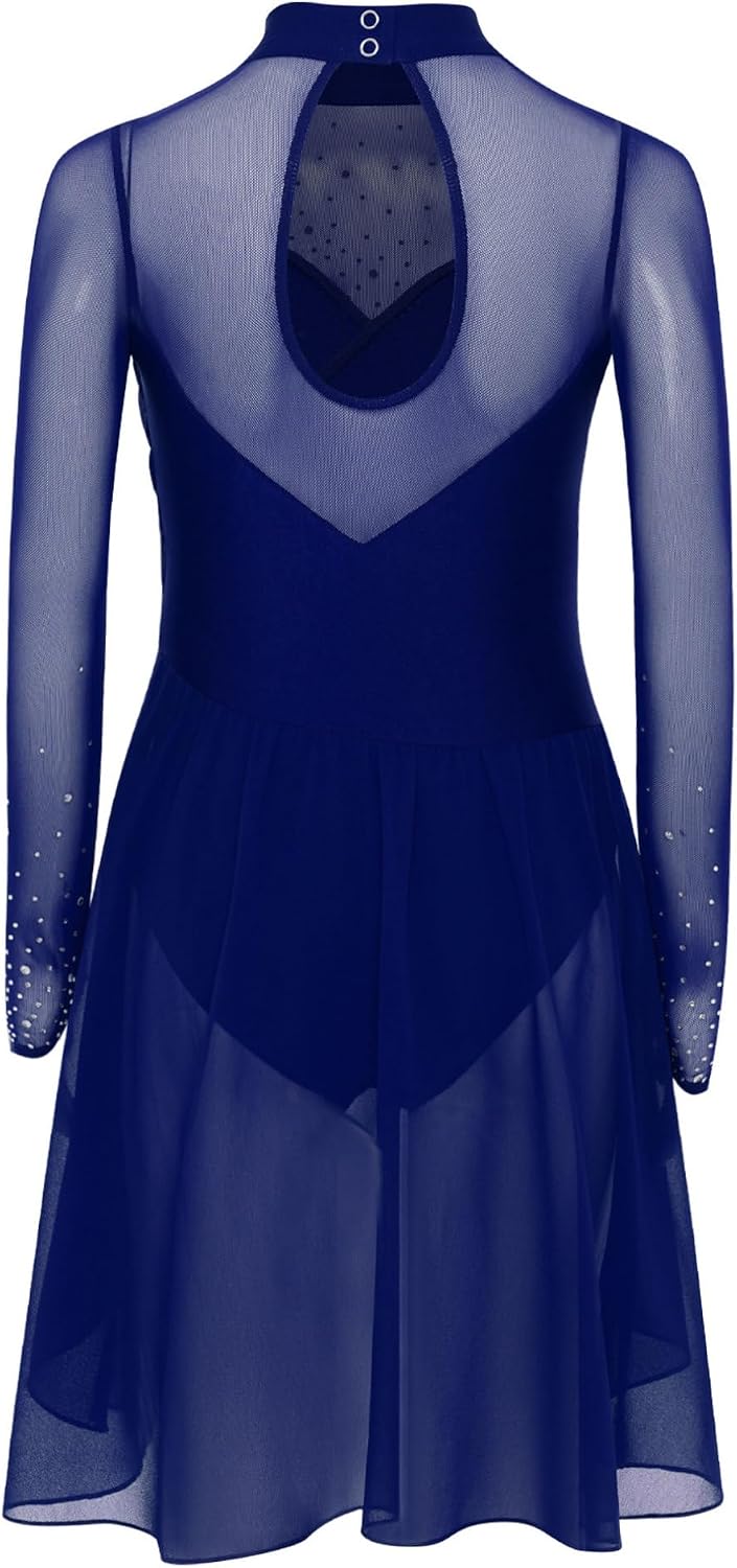 JEATHA Girls Lyrical Dance Dress Long Sleeve Mesh Splice Rhinestones Figure Skating Dress for Competitions