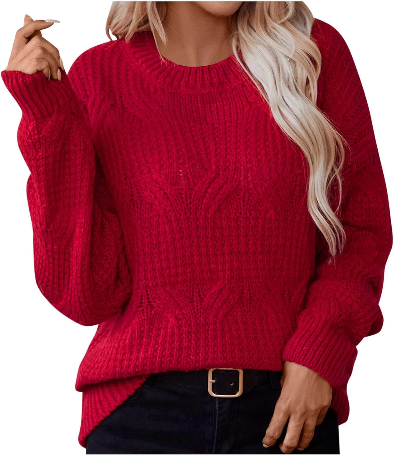 Womens Solid Knit Cable Sweater Casual Long Lantern Sleeve Pullover Crew Neck Knitted Tops Fall Winter Loose Knitwear