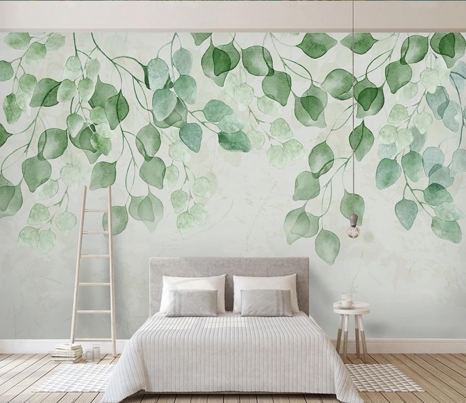 Carta da Parati Panoramica Intissato Foglie Verdi,Acquerello,Arte Wallpaper per Camera da Letto, Soggiorno 430x300cm